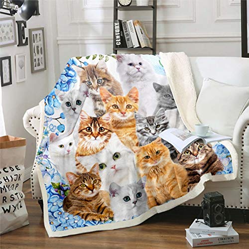 Katze Kuscheldecke 130x150cm Kinder Nettes Cartoon Kätzchen Wohndecke Wärme Lustige Katzen Tier Flanell Fleecedecke für Katzenliebhaber Haustier Vintage Dekor Decke für Schlafsofa Couch von Tbrand