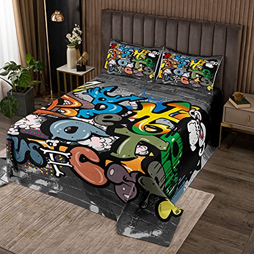 Kinder Graffiti Mauer Steppdecke Straßenkunst Design Bettüberwurf Weiche Mikrofaser Hiphop Stil Tagesdecke mit 1 Kissenbezug Bettdecke Stepp Decke 2 teilig 170x210cm von Tbrand