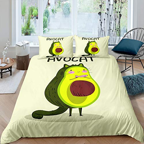 Kinder Katze Bettbezug Set Süßes Kätzchen Avocado Bettwäsche Set 200x200cm Karikatur Haustier Tier Obst Betten Set Für Jungen Mädchen Raumdekoration Grüner Fisch 3St von Tbrand