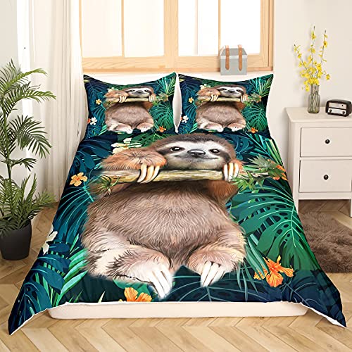 Kinder Niedliche Faultier Betten Set Karikatur Tier Bettbezug Set Für Jungen Mädchen Lustige Faule Faultier Tropische Blätter Blumendruck Bettwäsche Set 155x220cm Natur Themed Raumdekoration von Tbrand