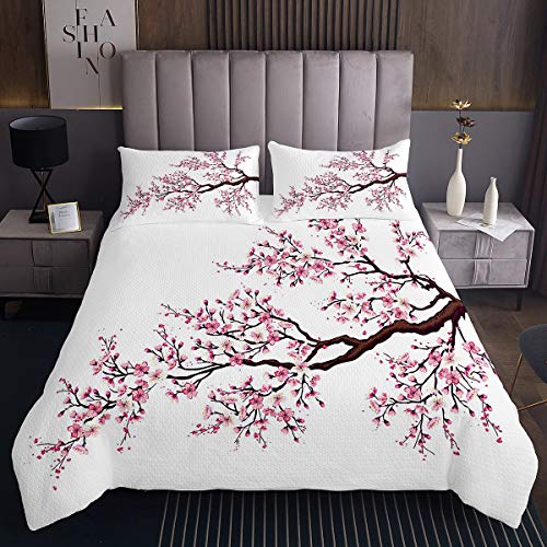 Tbrand Kirschblüten Steppdecke Bettüberwurf japanischen Stil für Kinder Schick Rosa Blumen Flowers Tagesdecke 220x240cm Äste Raumdekor 3St von Tbrand