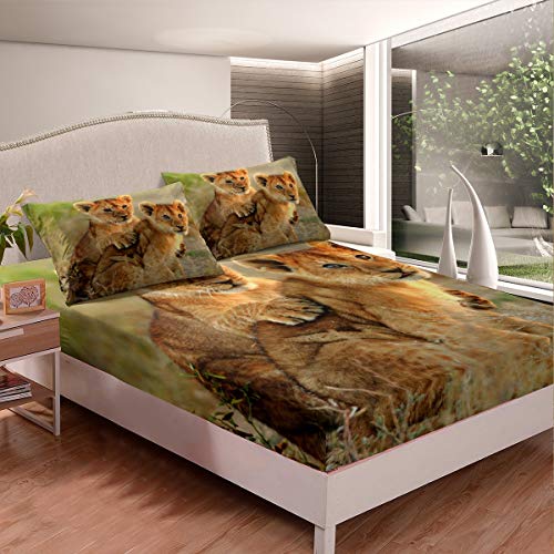 Löwe Bettlaken Set Niedlich 3D Little Lions Spannbettlaken 160x200cm für Jugendliche Wildtier Muster Spannbetttuch Atmungsaktives Tierwelt Stil Raumdekor von Tbrand