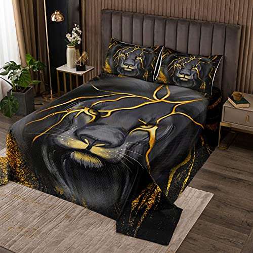 Löwe Bettüberwurf Wildtier Muster Steppdecke für Jungen Teenager Sparkle Stars Safari Tagesdecke 220x240cm Gold Schwarz Drucken Wohndecke Bettüberwurf 3St von Tbrand