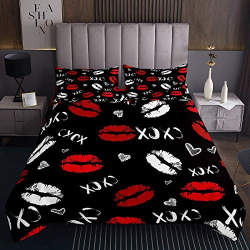 Tbrand Mädchen Kuss Tagesdecke 240x260cm Feminine Rote Lippen Bettüberwurf für Kinder Frauen Weißer Lippenstift Drucken Steppdecke Schwarz Sexy Mundmuster von Tbrand