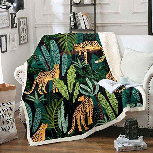 Mädchen-Leoparden-Plüschdecke, Gepard, Wildtierdruck, Sherpa-Überwurfdecke, Palmblatt-Fleecedecke für Sofa, Couch, Teenager, Grün, tropische Blätter, flauschige Decke, Einzelbett, 127x152 cm von Tbrand