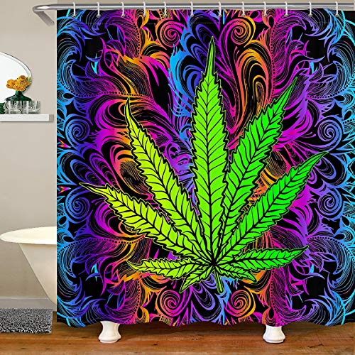 Marihuana Weed Blatt Duschvorhang 180x180cm Cannabis Botanical Duschvorhang Textil für Badezimmerstände Badewannen Cannabisblätter mit 12 Haken Lebendiges buntes Dekor von Tbrand