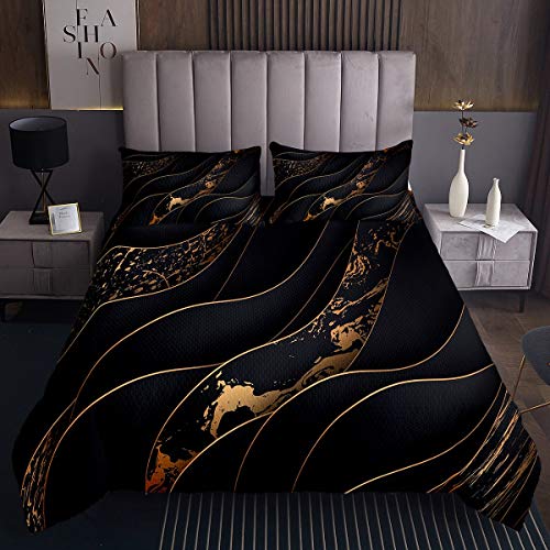 Marmor Bettüberwurf für Kinder Mädchen Jungen Abstrakte Kunst Tagesdecke 240x260cm Schick Luxuey Schwarz Golden Fluid Steppdecke Neuheit Modernes Marmor Design 3St von Tbrand