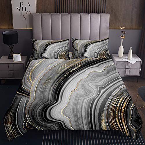 Marmor Druck Steppdecke Grau Golden Marmor Flüssigkeit Tagesdecke 220x240cm für Mädchen Abstrakte Kunst Bettüberwurf Einfache Moderne Mode Marmor Design 3St von Tbrand