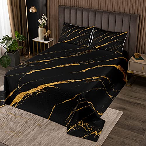 Marmor gedruckt Tagesdecke 170x210cm Schwarz Golden Marmor Bettüberwurf Schick Modern Marble Design Steppdecke für Kinder Frauen Männer Abstrakte Kunst mit 1 Kissenbezug von Tbrand