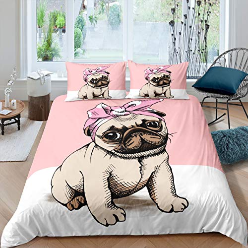 Mops Hunde Betten Set Niedliche Bettwäsche Set 135x200cm für Teenager Haustier Hund Muster Bettbezug Set Hippie Mops Welpe 3D Tier Thema Raumdekoration 2St von Tbrand