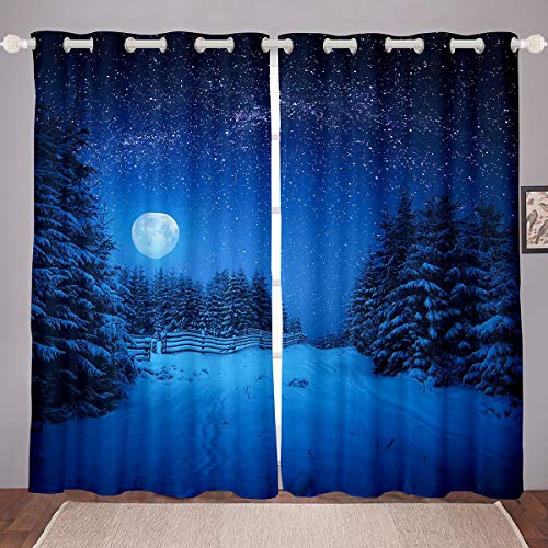 Nautische Fenstervorhang 260x140cm Zedernbaum Wald Vorhänge Mond Nacht Kiefer Themen Blickdichte Vorhänge Winter Botanisch Blau Vorhänge Dekorativ von Tbrand