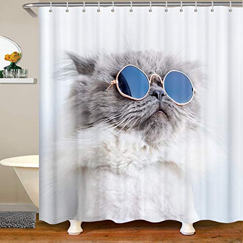 Nette Katze Wasserdichtes Duschvorhang Textil Karikatur Haustier Kätzchen Stoff Duschvorhang 180x180 Mädchen 3D Tier Thema Brille Grau Geometrischer Streifen von Tbrand
