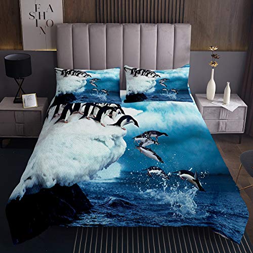Netter Pinguin Tagesdecke 240x260cm Polartier Bettüberwurf Lustige Pinguine Gedruckte Steppdecke für Jungen Mädchen Winterblau Natur Wohndecke von Tbrand