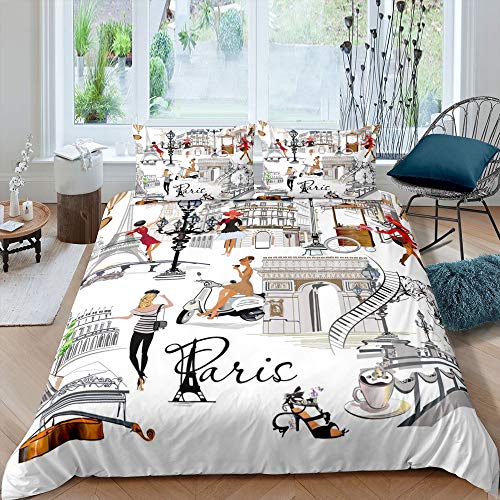 Paris Fashion City Bettwäsche-Set Schöne Mädchen Bettwäsche Set 135x200cm Land Black White Betten Set für Kinder Jungen Mädchen Teenager 2St.Reißverschluss Mikrofaser von Tbrand