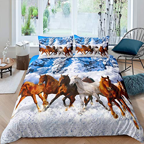 Pferd Druck Bettbezug Set Galoppierendes Pferd Bettwäsche Set 135x200cm Schnee Berg Landschaft Betten Set Für Jungen Mädchen Winter 3D Wilde Tier Mit 1 Kissenbezug von Tbrand