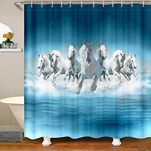 Pferd Wasserdichtes Duschvorhang Textil Galoppierendes Pferd Bedruckter Stoff Duschvorhang 180x180 Laufpferd Blau Tie Dye Gradient Streifen Badezimmer Dekor von Tbrand