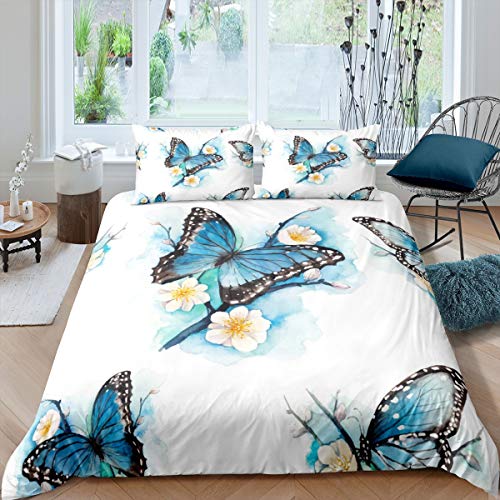 Schmetterling Bettbezug Set Blaue Schmetterlinge Blumen Drucken Bettwäsche Set 135x200cm Fliegende Insekten Muster Betten Set B3D Tierblumen Thema 2St., Reißverschluss von Tbrand