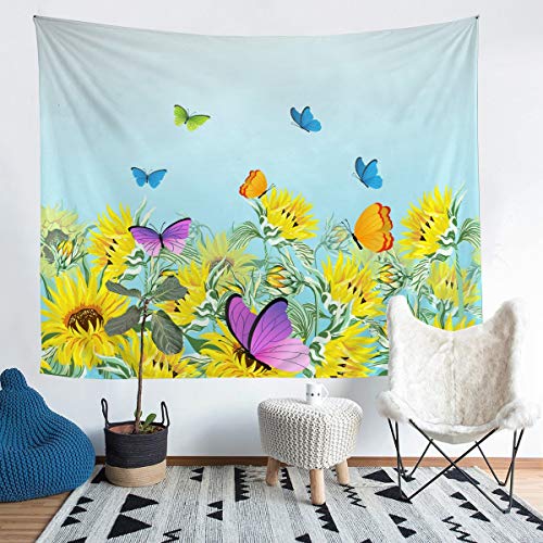 Sonnenblume Wandteppich Gelbe Blüte Blumen Drucken Wandbehang Bunter Schmetterling Bedrucktes Tapisserie 148x200cm Zweige Tier Wandtuch Raumdekoration von Tbrand