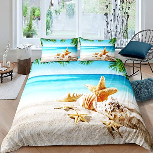 Strand Seestern Bettwäsche Set 135x200cm Ozean Marine Themed Shell Bettbezug Set für Kinder Meer Kreaturen Betten Set Teal Hawaiian Meerlife Mit 1 Kissenbezug 2St von Tbrand