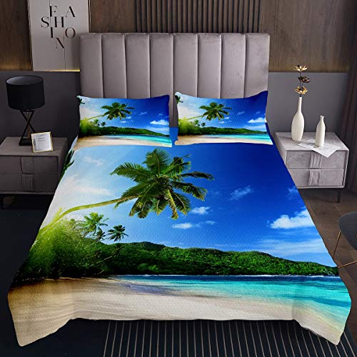 Strandmotiv Bettüberwurf Hawaiianischer Ozean Steppdecke 220x240cm für Kinder Erwachsene Sommer Blaues Meer Gedruckt Tagesdecke Tropischer Palmendruck Doppelbett Gesteppt von Tbrand
