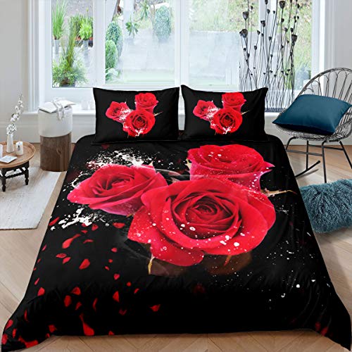 Tbrand 3D Rose Bettwäsche Set 200x200cm für Mädchen Frauen Rose Blumen Drucken Betten Set Jugendliche Romantische Blumen Muster Bettbezug Set Luxus Rot Schwarz Raumdekoration 3St von Tbrand