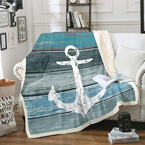 Tbrand Anker Decke 150x200cm Nautisches Thema Wohndecke Vintage Timeworn Verwitterte Holzbretter Rustikales Kuscheldecke Luxus Flanell Fleecedecke,Blaugrün,Blau von Tbrand