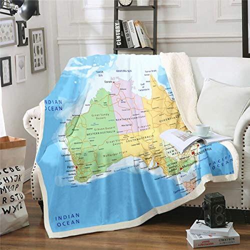 Tbrand Australien Karte Kuscheldecke Geographie Druckthema Decke 150x200cm Für Kinder Weltkarte Muster Wohndecke Blau Ozean Meer Schlafzimmer Dekor Flanell Fleecedecke von Tbrand