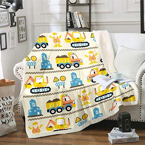 Tbrand Bagger Decke 130x150cm Karikatur Baufahrzeuge Kuscheldecke Maschinen Autos Druck Wohndecke für Jungen Kinder Kleinkind Gelb süß Streifen von Tbrand