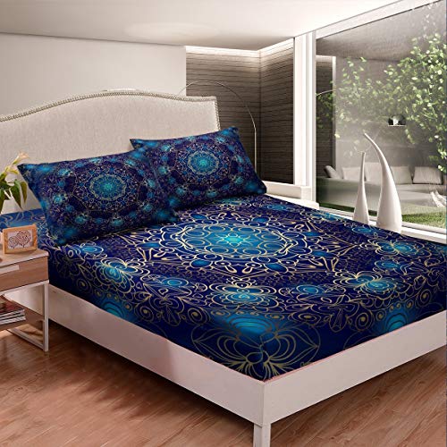 Tbrand Boho Mandala Bettlaken Set Blau Golden Bohemian Stil Spannbetttuch Exotisch Blumen Spannbettlaken 160x200cm Hippie Mandala Drucken rutschfeste Mit 1 Kissenbezug von Tbrand