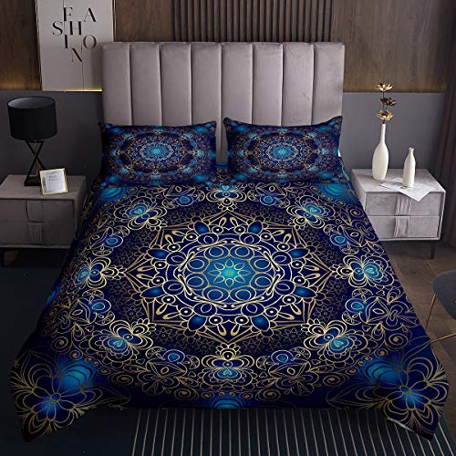 Tbrand Boho Mandala Bettüberwurf Blau Golden Bohemian Stil SteppdeckeExotisch Blumen Tagesdecke 240x260cm Hippie Mandala Drucken Wohndecke 3St. Mit 2 Kissenbezug von Tbrand