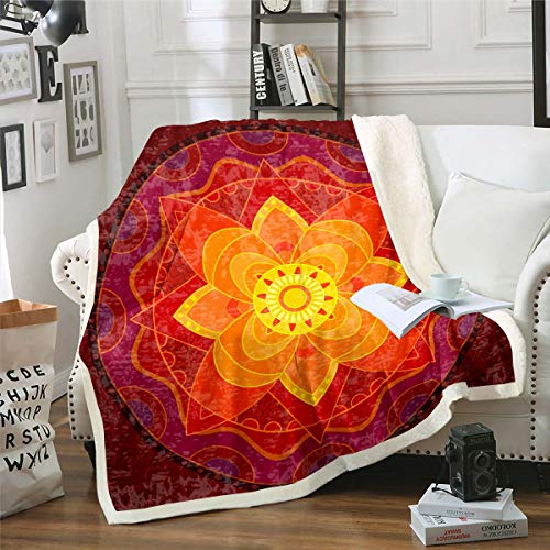 Tbrand Boho Mandala Kuscheldecke Rot Bohemian Stil Decke 130x150cm Für Kinder Frauen Jugendliche Exotische Blumen Bedruckt Wohndecke Retro Design Flanell Fleecedecke von Tbrand