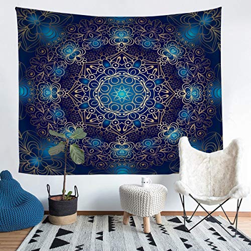 Tbrand Boho Mandala Tapisserie Blau Golden Bohemian Stil Wandbehangative Exotisch Blumen Wandteppich 148x200cm Hippie Mandala Drucken Wandtuch von Tbrand