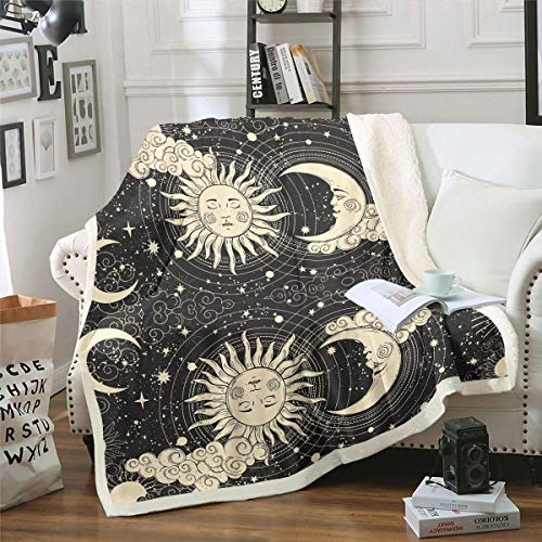 Tbrand Boho Stammes Kuscheldecke Sonne Mond Wolke Decke 150x200cm für Kinder Erwachsene Galaxis Universum Sternenhimmel Wohndecke Kreis Stern Astronomie Leicht für Sofa von Tbrand