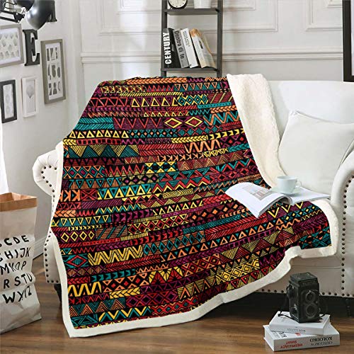 Tbrand Boho Streifen Geometrie Kuscheldecke Böhmischen Stil Flanell Fleecedecke 150x200cm für Erwachsene Exotisches Geometrisches Muster Wohndecke Bunt Stammes Design Decke von Tbrand