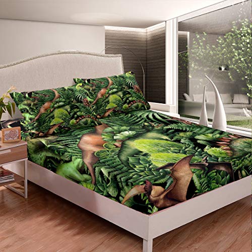 Tbrand Dinosaurier Spannbetttuch Wald Dino Spannbettlaken 90x200cm für Kinder Jungen Mädchen Karikatur Tier Bettlaken Set Grüner Zweig Ultra weich Dekor rutschfeste 2St von Tbrand