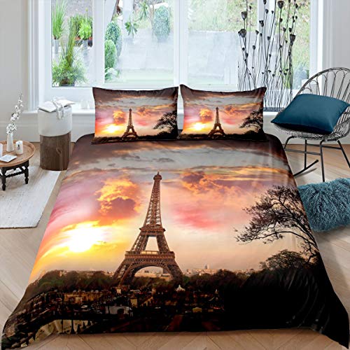 Tbrand Eiffelturm Bettwäsche Set 135x200cm Schick Paris Thema Bettbezug Set Sonnenuntergang Paris Stadtbild Betten Set Modern French Stil 2St,Reißverschluss von Tbrand