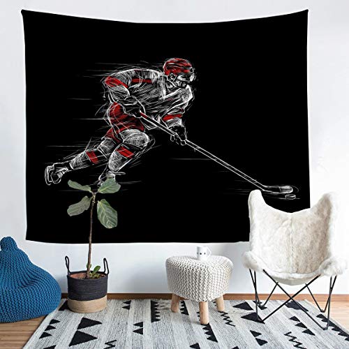 Tbrand Eishockey Tapisserie Winter Eissport Thema Wandbehang für Jugendliche Hockeyspieler Druck Wandteppich 175x230cm Schwarz Wintersport Hobby von Tbrand