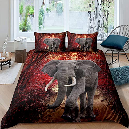 Tbrand Elefant Bettbezug Set Ahornwald Holzszene Bettwäsche Set 135x200cm für Kinder Erwachsene Wildtier Bedruckte Betten Set Naturlandschaft Bettwäsche 2St von Tbrand