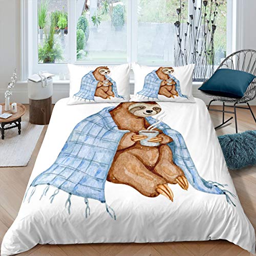 Tbrand Faultier Bettbezug Set Karikatur Blau Faultier Bettwäsche Set 200x200cm für Kinder Jungen Mädchen Süße Faultier Betten Set LifeStil Wilde Tier Dekor Weich 3St von Tbrand