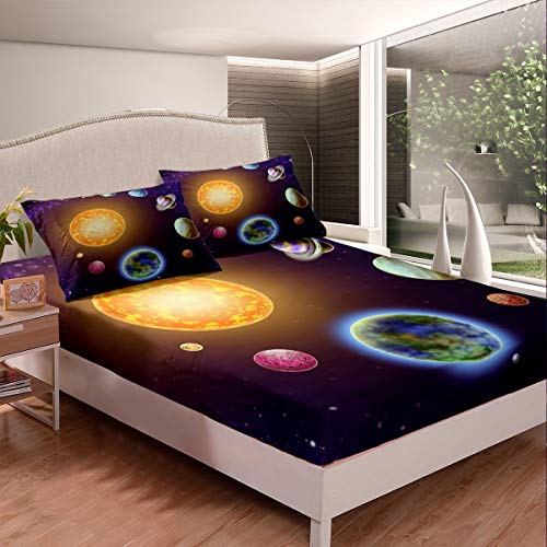 Tbrand Galaxis Bettlaken Set Universum Planet Gedrucktes Spannbetttuch für den Erwachsenen Weltraum Spannbettlaken 90x200cm Schick Bunter Glitter rutschfeste Mit 1 Kissenbezug von Tbrand