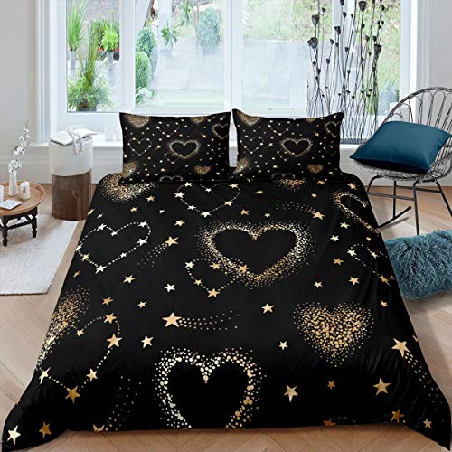 Tbrand Galaxis Bettwäsche Set 155x220cm Mädchen Twinkle Stars Betten Set Kleinkind Chic Star Herz Liebesmuster Bettbezug Set Schwarz Golden Meteor Sternenhimmel Raumdekor 2St von Tbrand