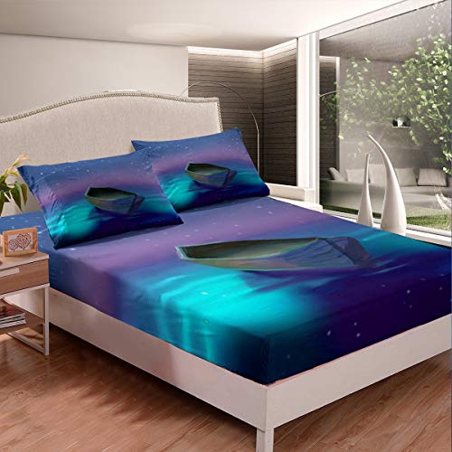 Tbrand Galaxis Spannbetttuch Holzboot Bettlaken Set für Kinder Schick Lila Blau Sternenhimmel Spannbettlaken 160x200cm Fleckenresistente Malerei Kunst Raumdekor 2St von Tbrand