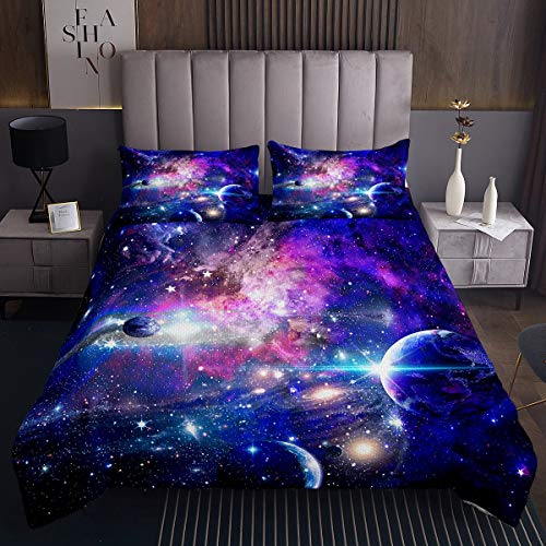 Tbrand Galaxis Steppdecke für Mädchen Universum Planet Gedruckt Bettüberwurf 170x210cm Chic Lila Blau Weltraum Tagesdecke Raumdekor Milchstraße 2St von Tbrand