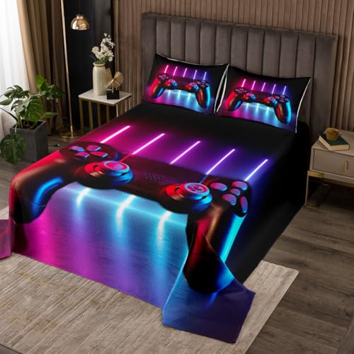 Tbrand Gamepad Steppdecke Konsole Videospiel Tagesdecke 170x210cm für Jungen Jugendliche Gradient Neon Bettüberwurf Gamer Gaming Spiel Controller 2St von Tbrand
