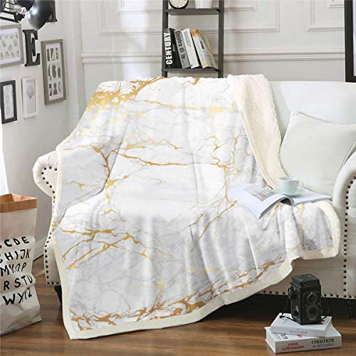 Tbrand Goldener weißer Marmor gedruckt Wohndecke 220x240cm Frauen Marmormuster Kuscheldecke Abstrakte Kunst Flanell Fleecedecke Einfaches modernes Design Decke von Tbrand