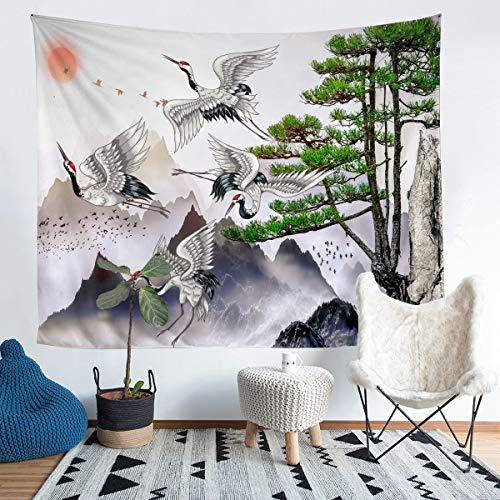 Tbrand Japanische Ukiyoe Wandteppich 130x150cm Hokusai Kranichmuster Dekor Wandbehang für Kinder Japanischer Stil Tapisserie Naturthema Wandkunst Wandtuch von Tbrand