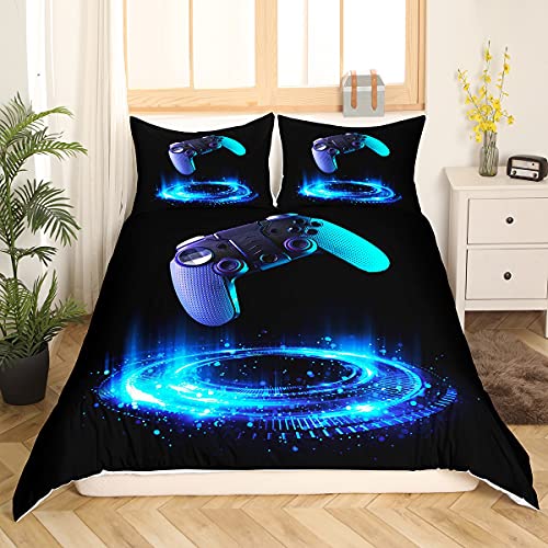 Tbrand Jungen Gamepad Bettwäsche Set 155x220cm Videospiel Gamepad Bettbezug Set für Kinder Jugendliche Erwachsene Geometric Circle Betten Set Game Controller 2St Schwarz, Blau von Tbrand