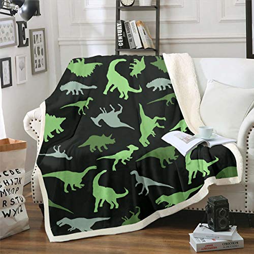 Tbrand Jungen Karikatur Dinosaurier Wohndecke Niedlich Grün Dino Kuscheldecke Dschungeltiere Muster Flanell Fleecedecke 150x200cm für Kinder Leicht Schwarz Wildlife Stil von Tbrand