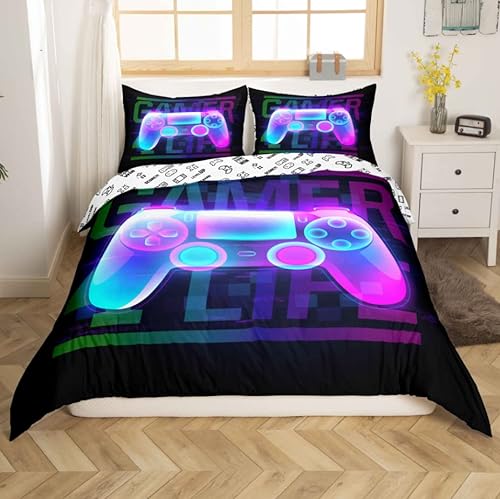 Tbrand Jungen Spiel Bettbezug Set Neon Videospiel Gamepad Bettwäsche Set 155x220cm Kinder Teens Gradient Game Controller Betten Set Gamer Life Bettwäsche 2Pcs von Tbrand