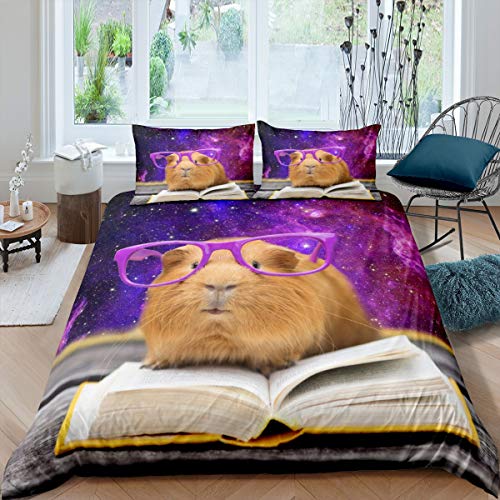 Tbrand Karikatur Meerschweinchen Bettwäsche Set 135x200cm Niedliche Meerschweinchen Tier Betten Set für Kinder Erwachsene Galaxis Glitter Bettbezug Set Buchlesung 2St. Mit 1 Kissenbezug von Tbrand